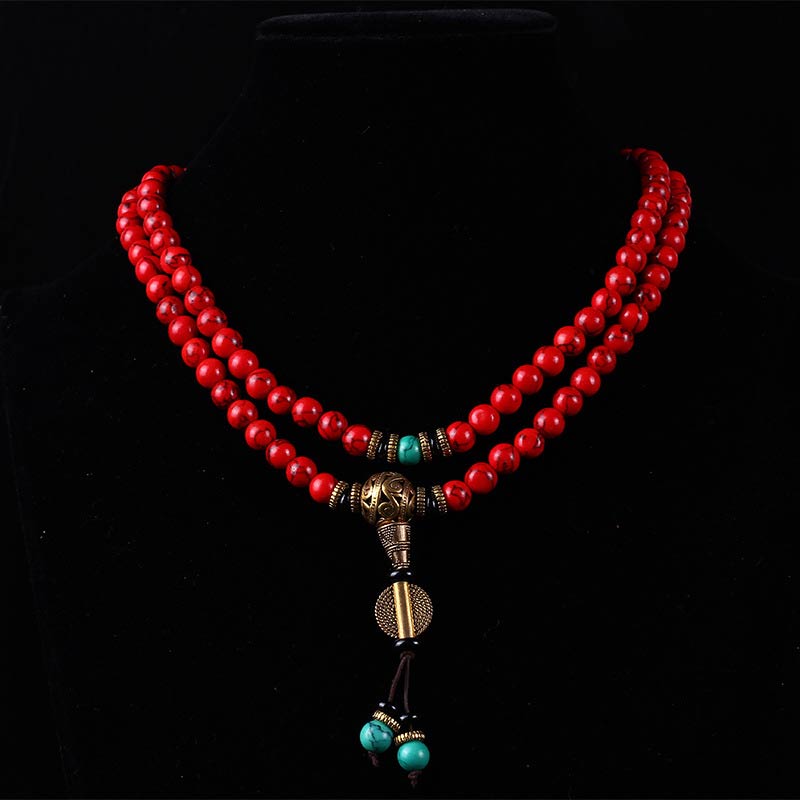Buddha Stones Mala Tibetano Turchese Rosso Collana Fortunata Bracciale