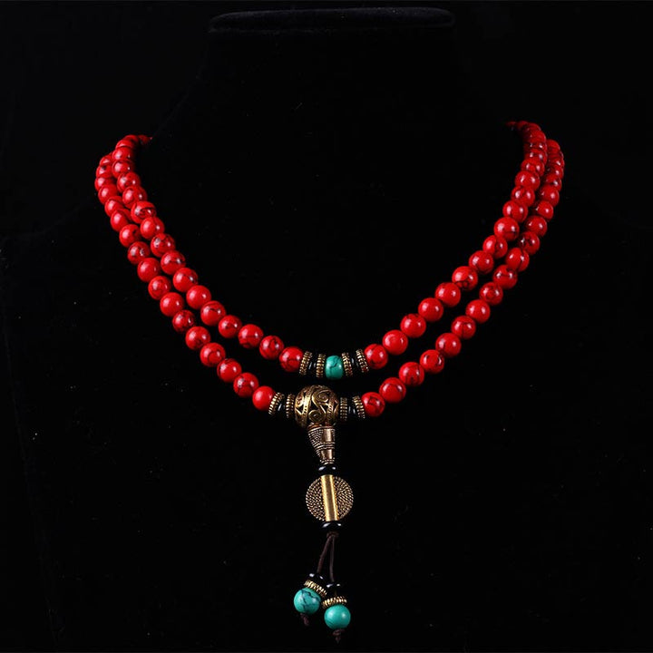 Buddha Stones Mala Tibetano Turchese Rosso Collana Fortunata Bracciale