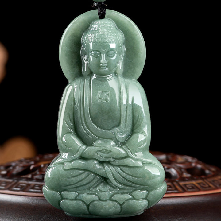 Buddha Stones Amitabha Buddha Amuleto di Giada Collana di Corda della Compassione