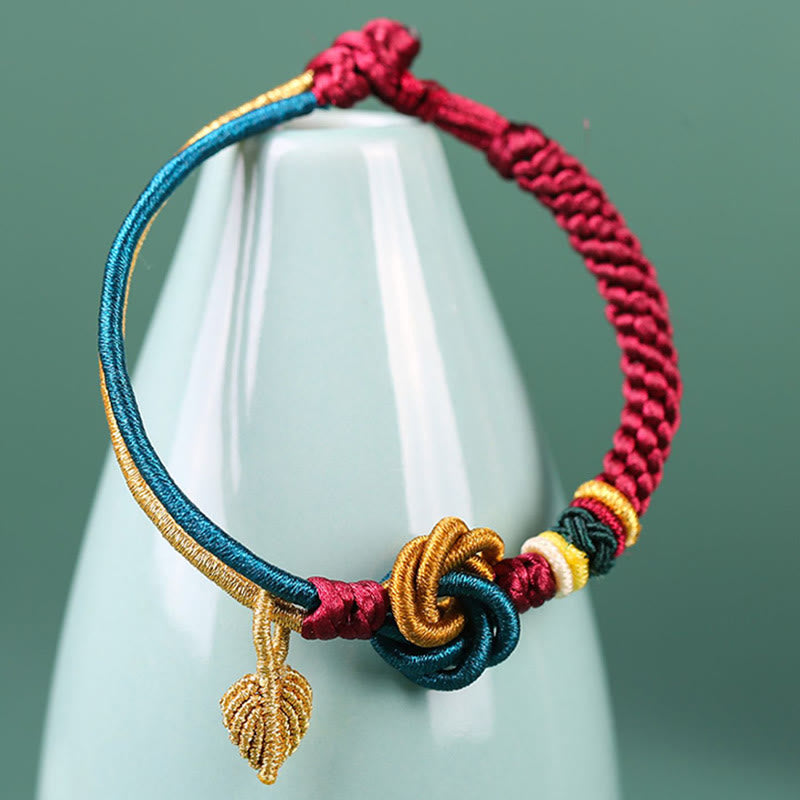 Braccialetto di corda della fortuna con nodo foglia mandala tibetano fatto a mano con Buddha Stones