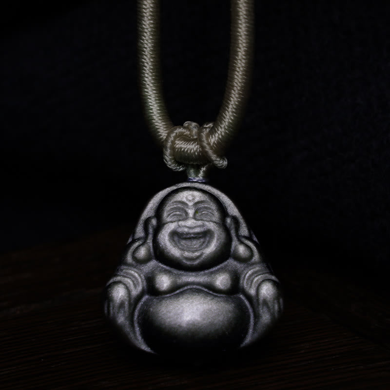 Collana con ciondolo di protezione Buddha che ride in ossidiana naturale con Buddha Stones in argento - image 4
