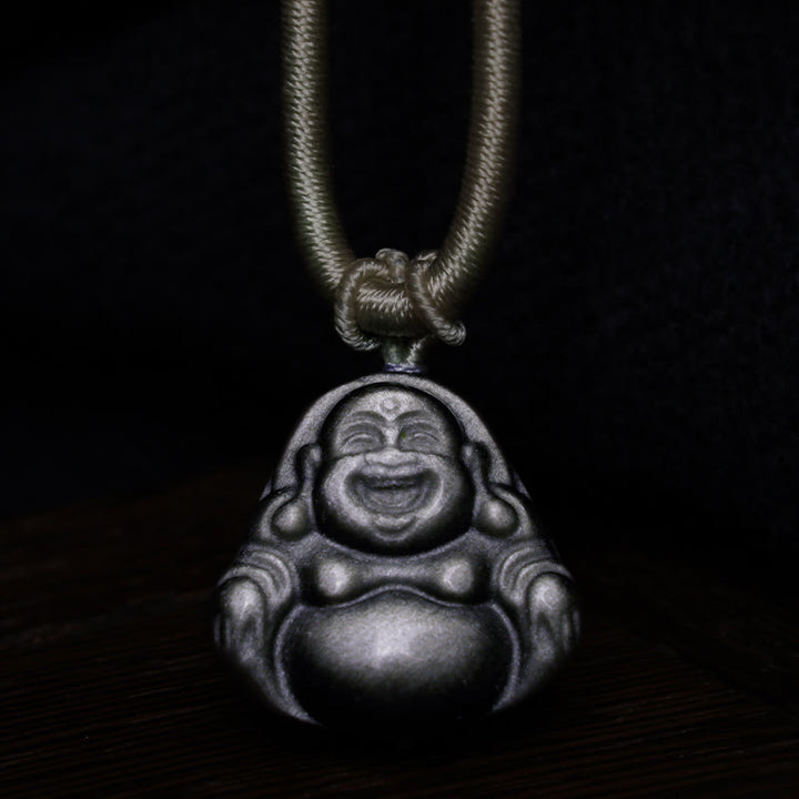 Collana con ciondolo di protezione Buddha che ride in ossidiana naturale con Buddha Stones in argento - image 4