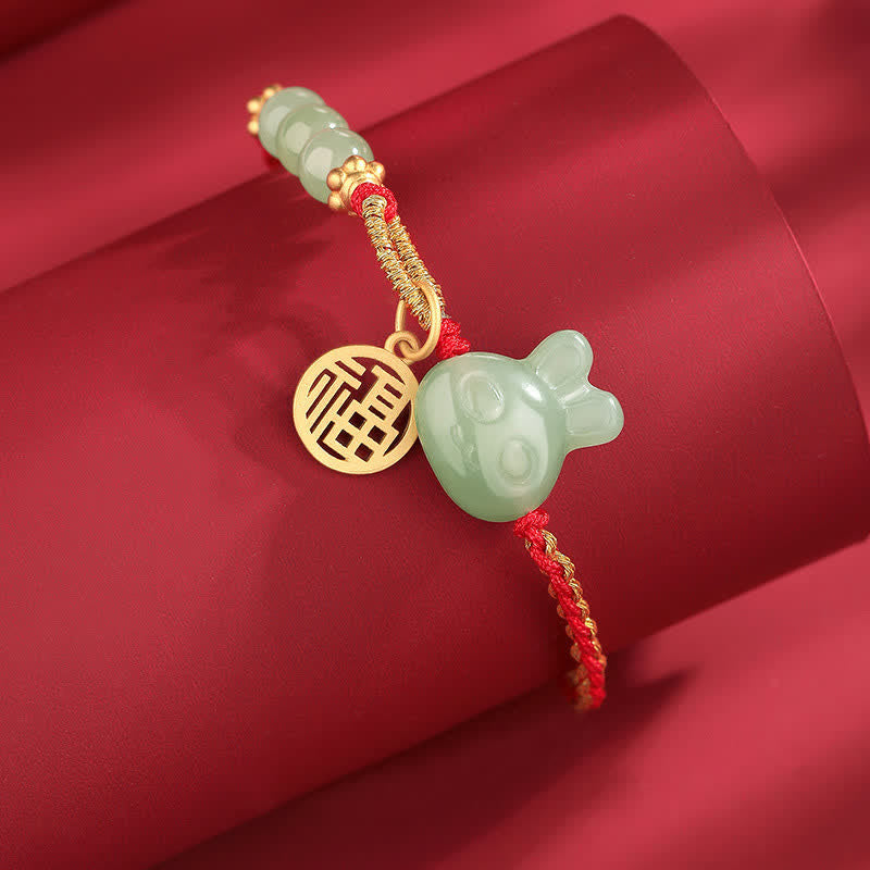 Braccialetto in corda rossa con Buddha Stones in argento sterling 925 Anno del coniglio in giada Hetian Felicità Fortuna