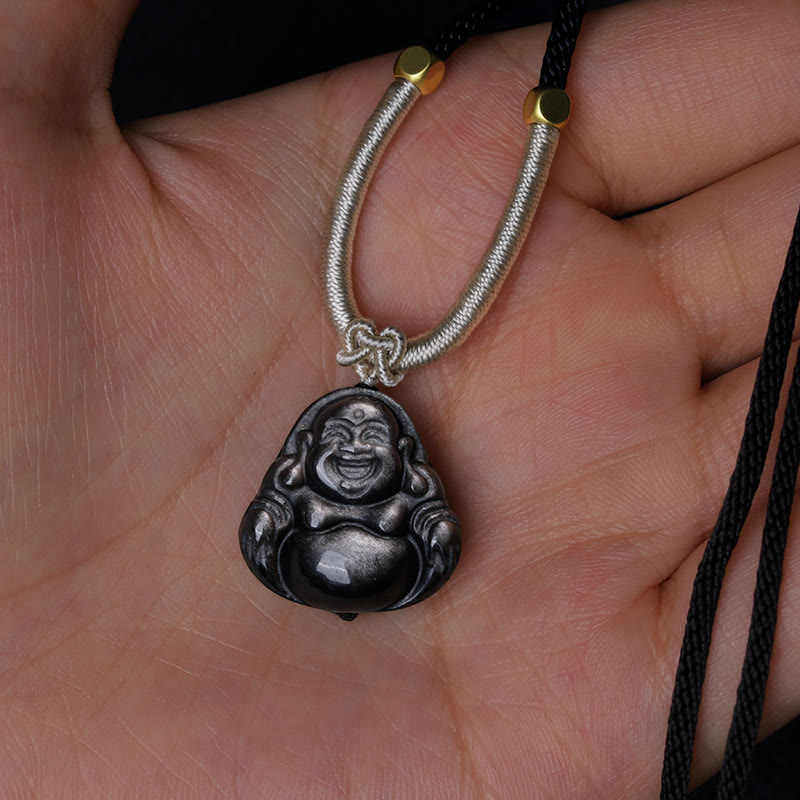 Collana con ciondolo di protezione Buddha che ride in ossidiana naturale con Buddha Stones in argento - image 8