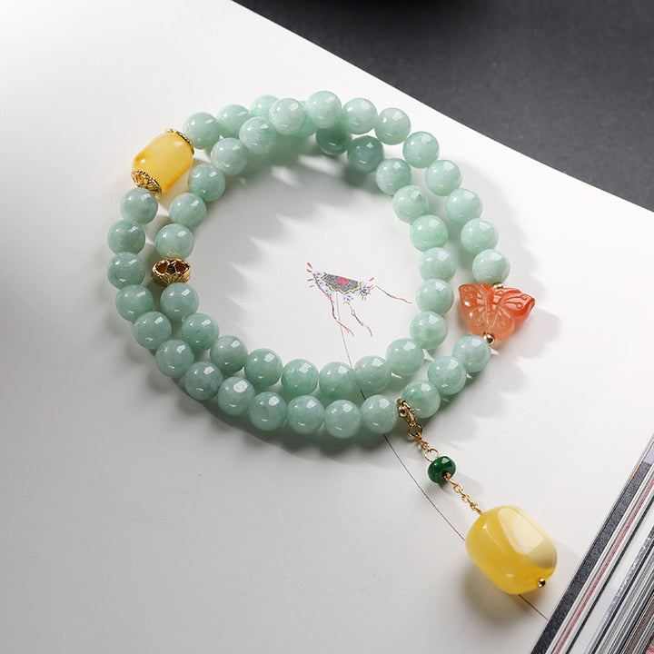 Bracciale Buddha Stones 925 Sterling Silver Jade Natural Ambra Butterfly Luck Abundance