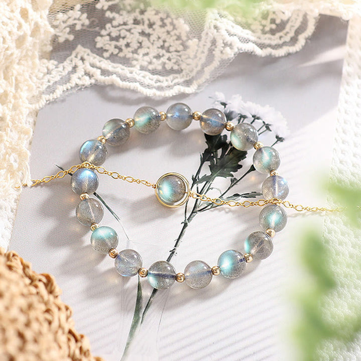 Bracciale Buddha Stones placcato oro 14k con pietra di luna naturale e guarigione dell'amore