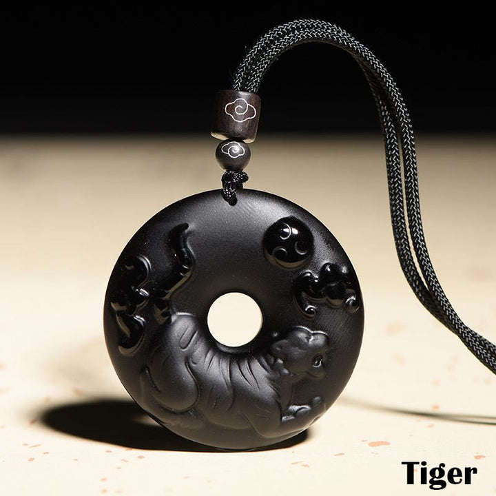 Buddha Stones Zodiaco Cinese Ossidiana Nera Naturale Fibbia della Pace Forza Collana Pendente - Tigre - image 15