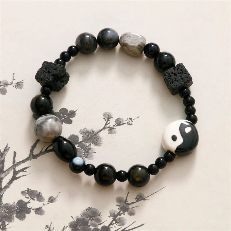 Braccialetto di protezione della fortuna Yin Yang con perline di diaspro Picasso in onice nero Buddha Stones - SIMBOLO YIN YANG (Equilibrio♥Armonia) - image 0