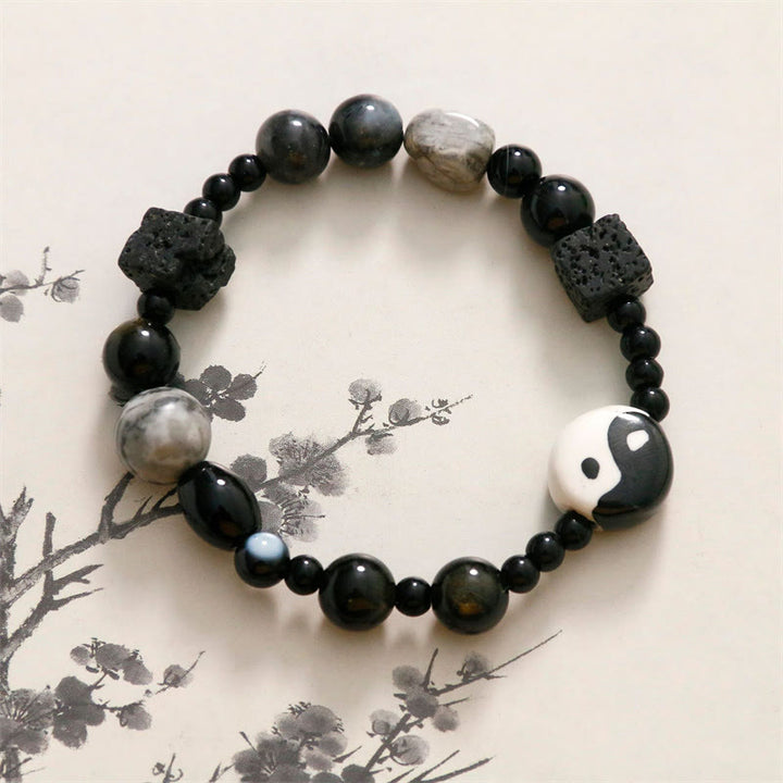 Braccialetto di protezione della fortuna Yin Yang con perline di diaspro Picasso in onice nero Buddha Stones - SIMBOLO YIN YANG (Equilibrio♥Armonia) - image 0