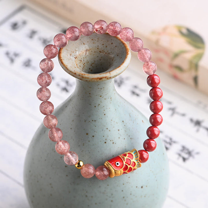 Braccialetto curativo con pesce koi portafortuna in quarzo fragola naturale cinabro Buddha Stones
