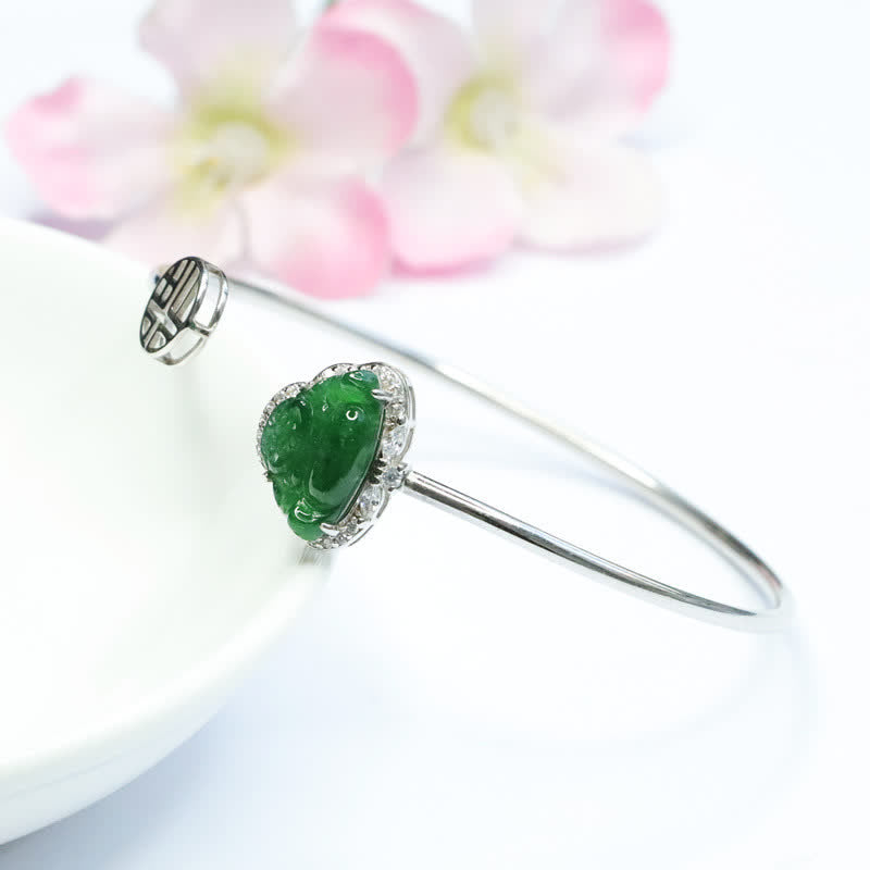 Braccialetto portafortuna Buddha Stones in argento sterling 925 con Buddha che ride e giada