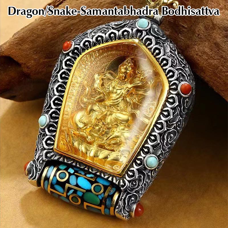 Collana con ciondolo con perline Dzi girevole Tibet Zodiaco cinese Natale Buddha Thangka Prosperità - Drago/Serpente-Samantabhadra Bodhisattva - image 7