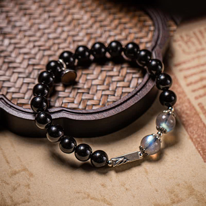 Bracciale di coppia in argento sterling 925 con pietra di luna e ossidiana