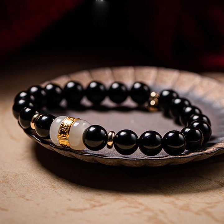 Buddha Stones Ossidiana nera Giada Om Mani Padme Hum Forza Coppia Braccialetto magnetico