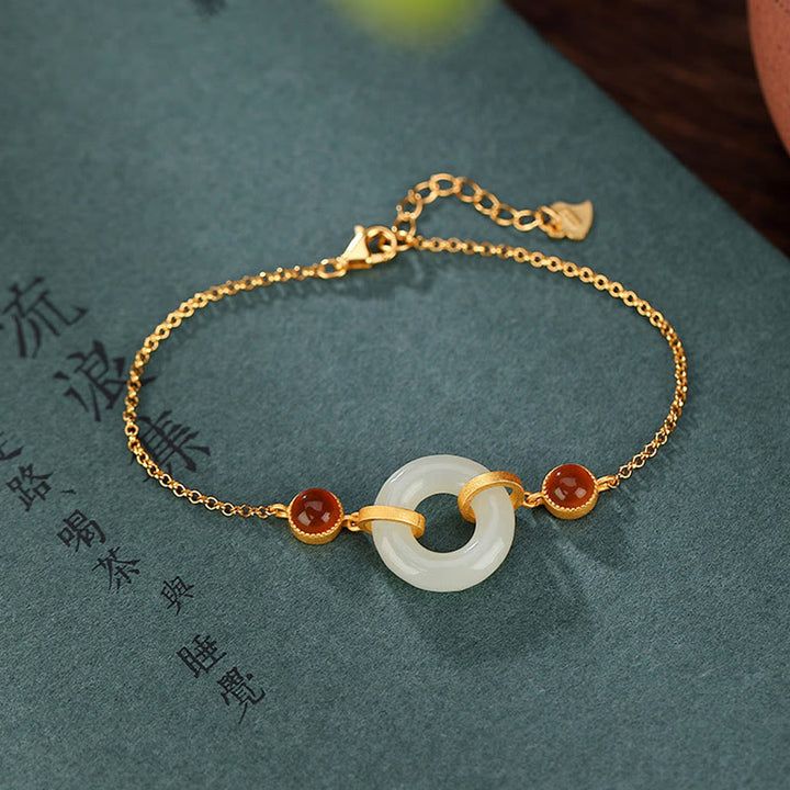 Braccialetto della fortuna in agata rossa con fibbia della pace in giada naturale Hetian, argento Buddha Stones 925 placcato oro