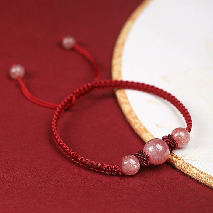 Buddha Stones Natural Strawberry Quartz Crystal Love Braccialetto intrecciato con corda rossa alla caviglia