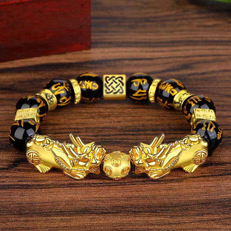 Braccialetto della ricchezza Om Mani Padme Hum Buddha Stones FengShui Double PiXiu Obsidian
