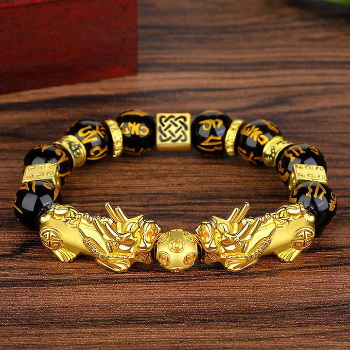 Braccialetto della ricchezza Om Mani Padme Hum Buddha Stones FengShui Double PiXiu Obsidian