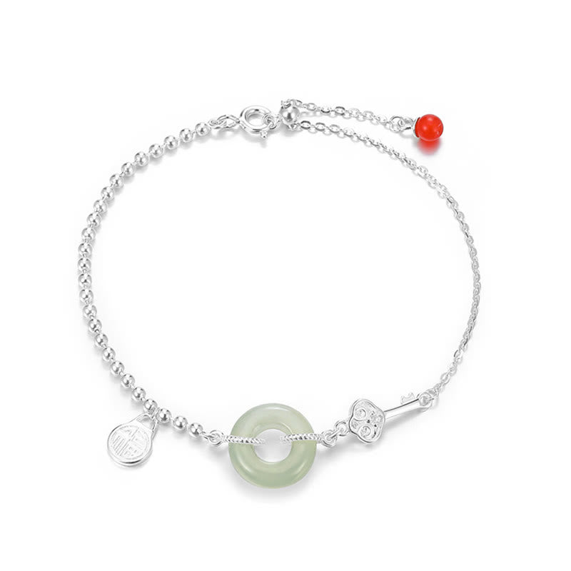Bracciale con catena portafortuna in argento sterling 925 con fibbia della pace in giada Hetian e carattere Fu Buddha Stones