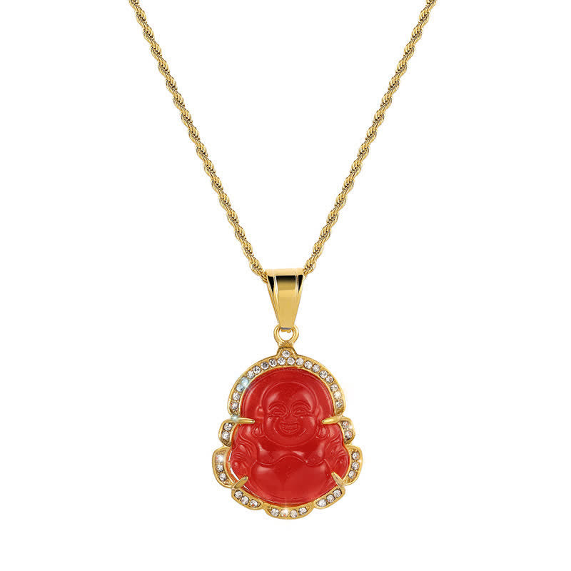 Collana con ciondolo a forma di Buddha in giada con Buddha che ride, riempita in oro 18 carati, Buddha Stones - Rosso - image 11
