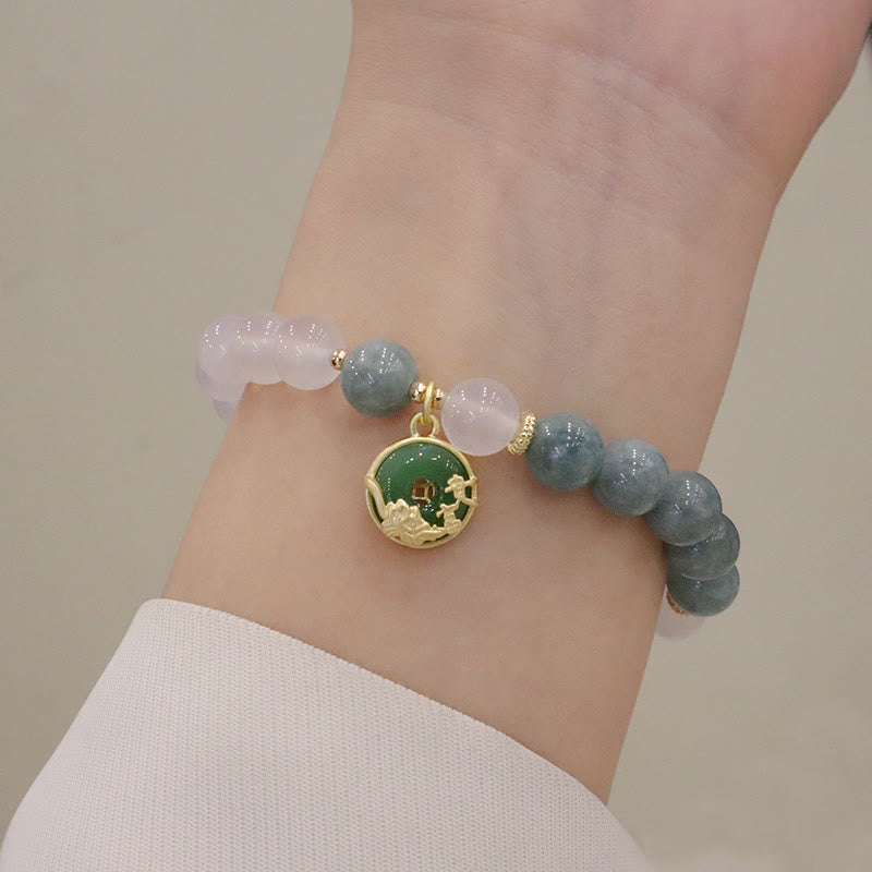 Braccialetto di protezione con fibbia della pace, fiore di loto, agata bianca e giada Buddha Stones
