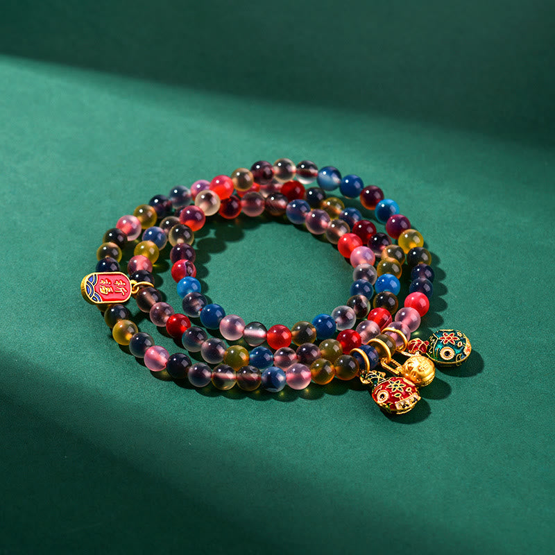 Buddha Stones Caramella Colorata Agata Oro Deglutizione Bestia Famiglia Forza Ciondolo Bracciale Triplo Avvolgimento