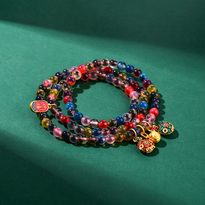 Buddha Stones Caramella Colorata Agata Oro Deglutizione Bestia Famiglia Forza Ciondolo Bracciale Triplo Avvolgimento