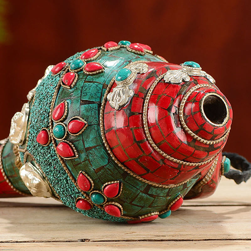 Shankha tibetano fatto a mano Om Mani Padme Hum Buddha Avalokitesvara Turchese Conchiglia Decorazione positiva