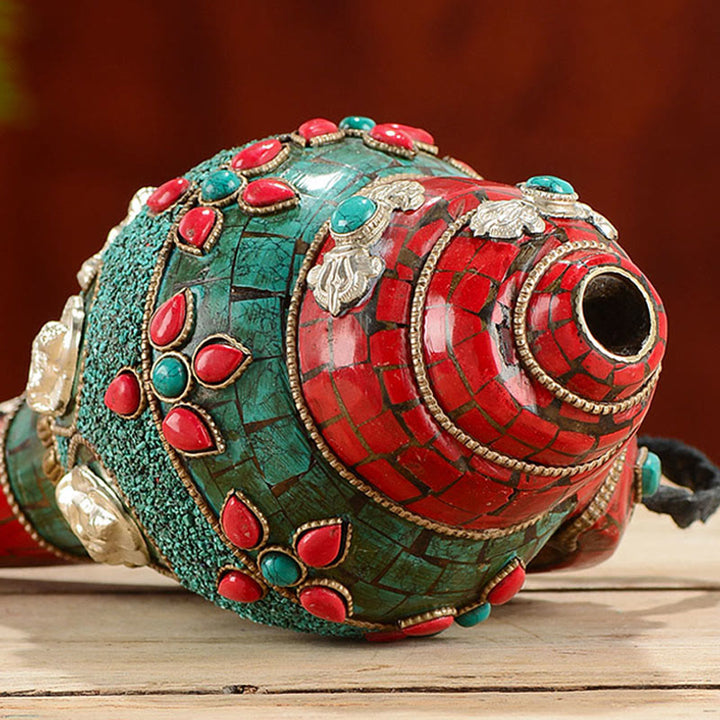 Shankha tibetano fatto a mano Om Mani Padme Hum Buddha Avalokitesvara Turchese Conchiglia Decorazione positiva