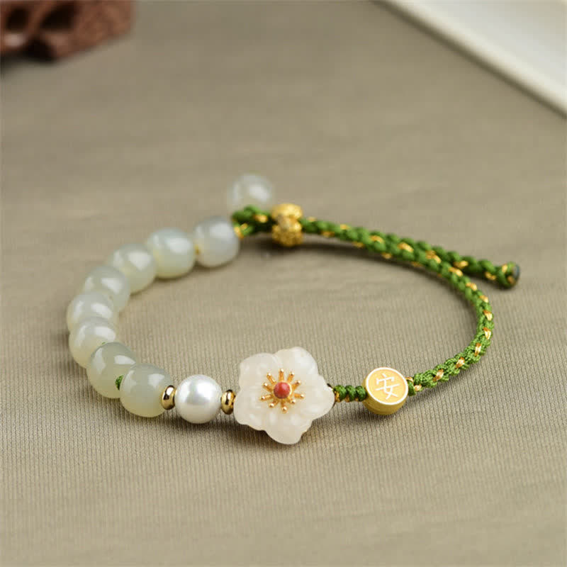 Braccialetto portafortuna in argento sterling 925 con giada naturale Hetian e fiori di pesco