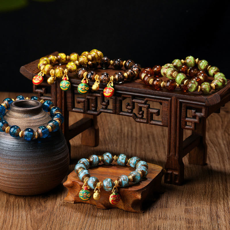 Buddha Stones Oro Deglutizione Bestia Famiglia Ciondolo Liuli Perline di Vetro Braccialetto della Fortuna - image 1
