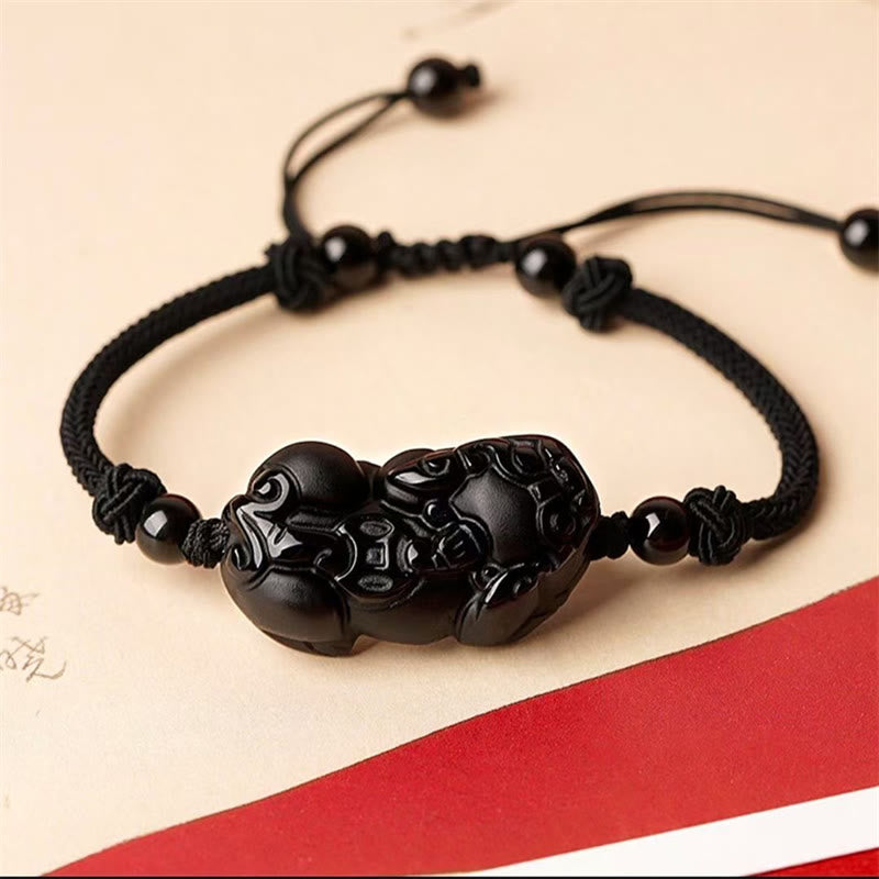 Braccialetto della ricchezza con moneta di PiXiu Cooper in ossidiana naturale, ametista, citrino e Buddha Stones