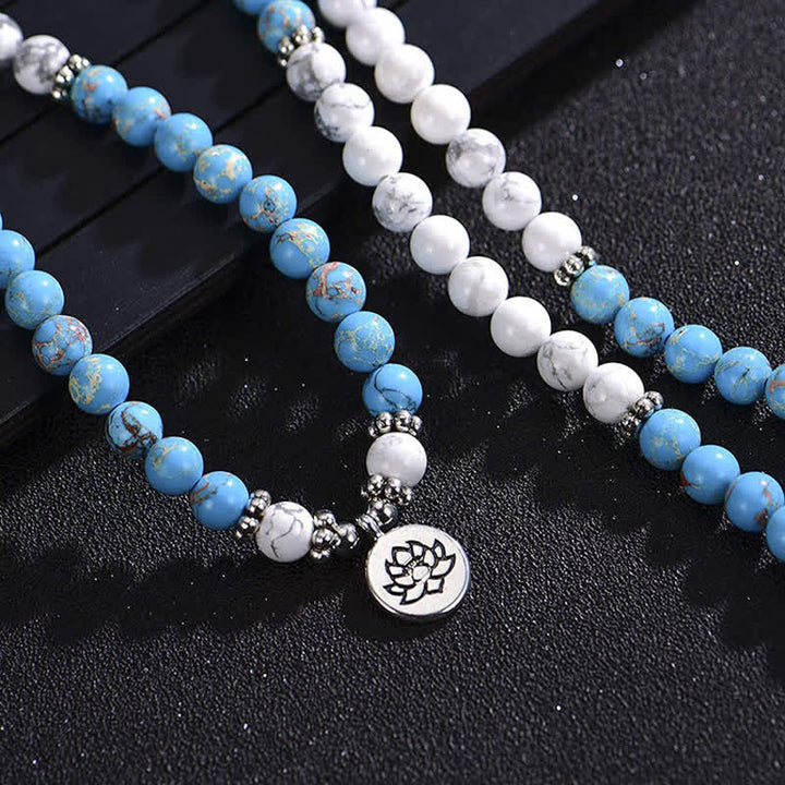 Braccialetto di benedizione del loto con 108 perle di Mala e pietra dell'imperatore turchese bianco
