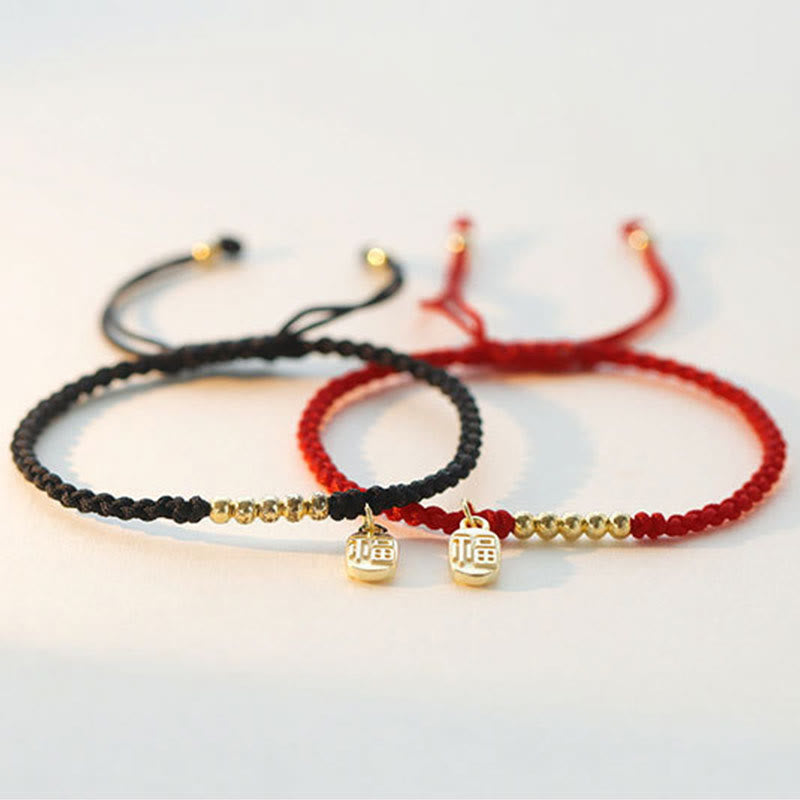 Braccialetto di corda con ciondolo a forma di carattere Fu fatto a mano con Buddha Stones