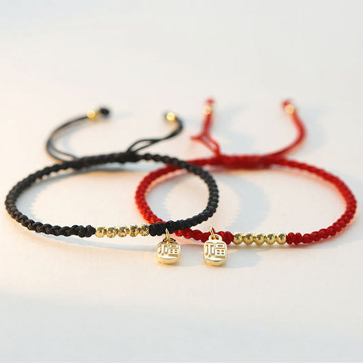 Braccialetto di corda con ciondolo a forma di carattere Fu fatto a mano con Buddha Stones
