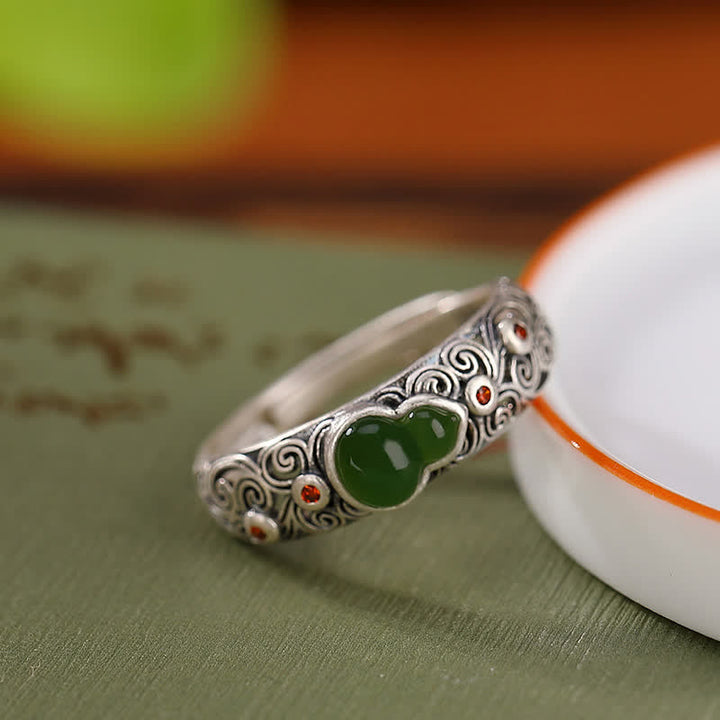 Anello di buon auspicio con zucca, giada ciano e agata rossa in argento sterling 925