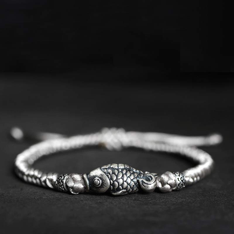 Braccialetto intrecciato con corda in argento Buddha Stones Luck Koi Fish