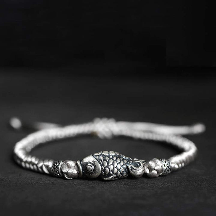 Braccialetto intrecciato con corda in argento Buddha Stones Luck Koi Fish