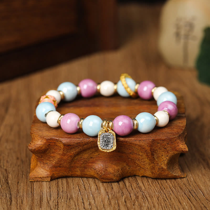 Buddha Stones Tibetano Zakiram Dea della Ricchezza Coniglio Testa di Leone Ciondolo Liuli Vetro Incenso Cenere Perline di Porcellana Braccialetto di Protezione