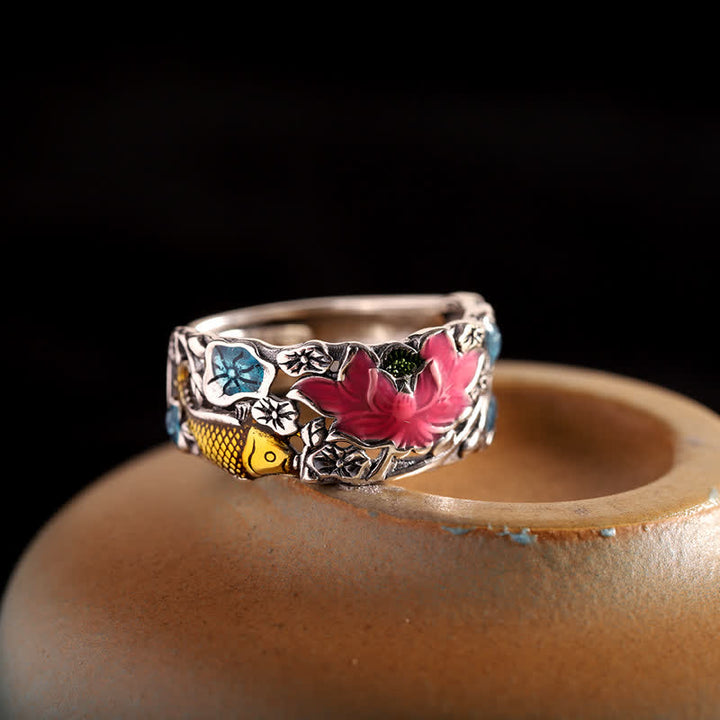 Anello Buddha Stones 925 Sterling Silver Lotus Koi Fish Enlightenment - image 1