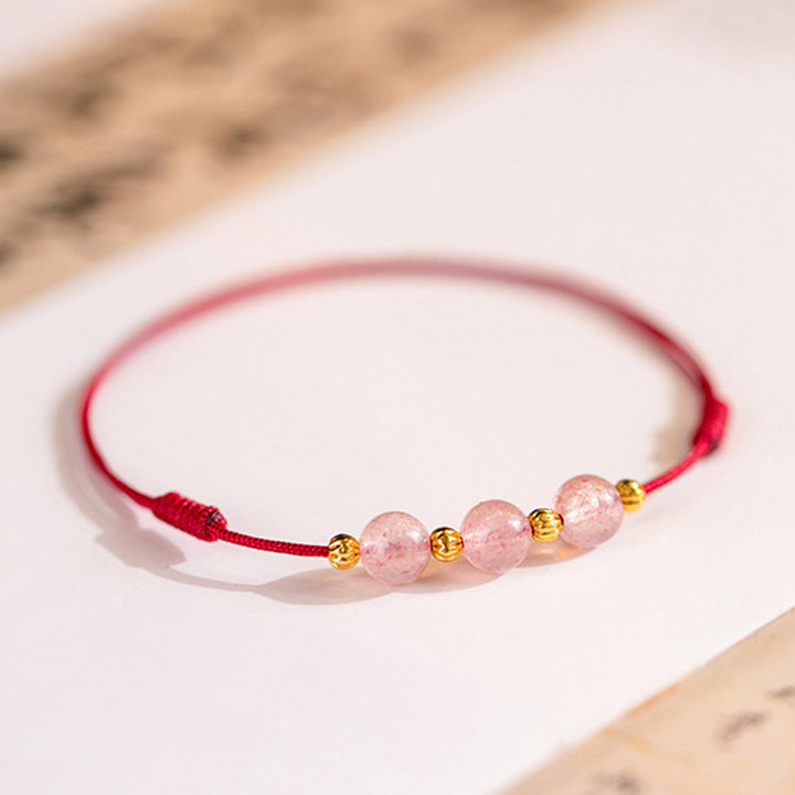 Buddha Stones Perline di cristallo di fragola Cavigliera con corda rossa portafortuna