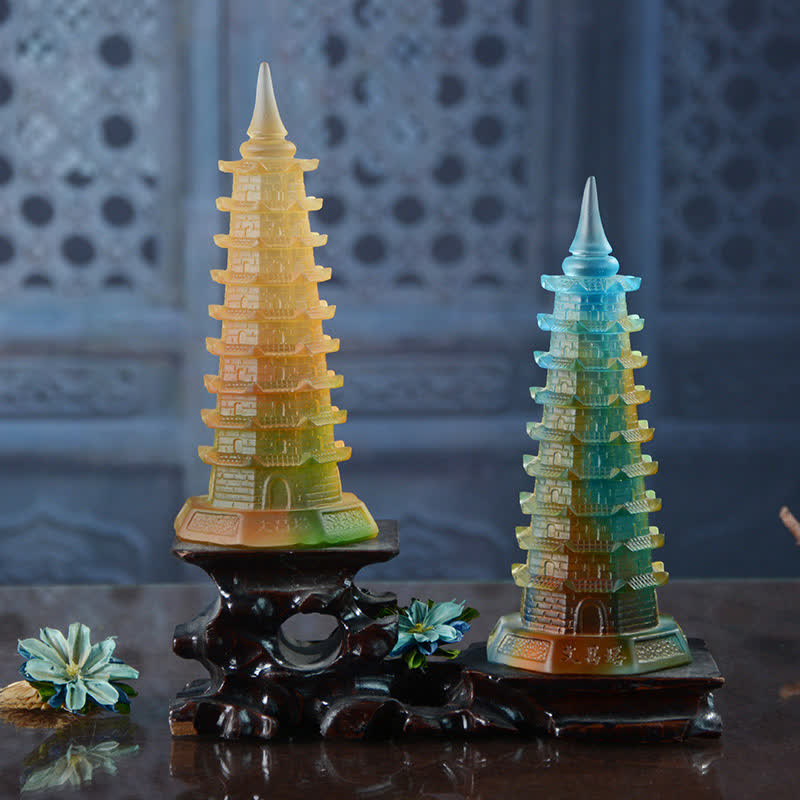 Torre di Wenchang Feng Shui fatta a mano in cristallo Liuli Pagoda Pezzo d'arte Fortuna Decorazione per ufficio in casa