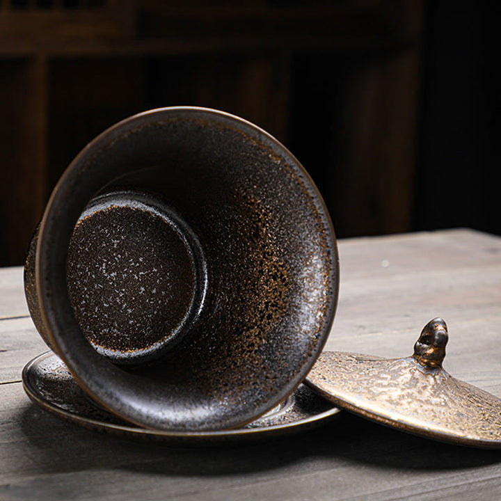 Buddha Stones Retro Rust Glaze Ceramic Gaiwan Sancai Tazza da tè Kung Fu Tazza da tè e piattino con coperchio