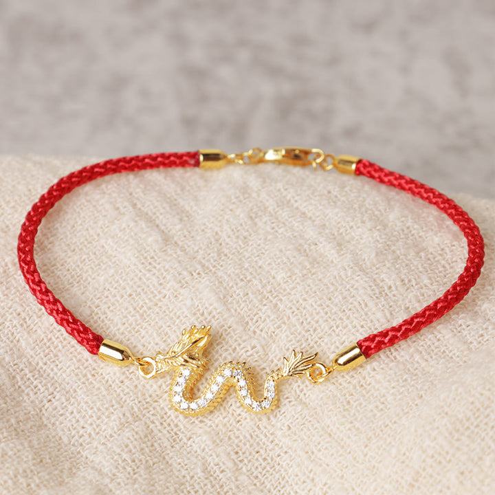 Buddha Stones con catena in corda rossa con drago dorato di buon auspicio, in argento sterling 925, anno del drago