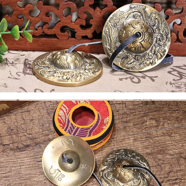 Buddha Stones Campana tibetana Tingsha Sei parole vere Drago Rame Bilancia Decorazione con borsa