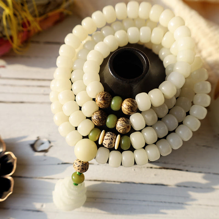 Collana con bracciale in giada bianca Bodhi Lotus Mala Harmony Buddha Stones