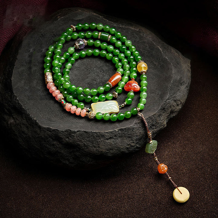 Buddha Stones 108 Mala Beads Ciano Giada Agata Rossa Braccialetto della Fortuna del Buddha che Ride