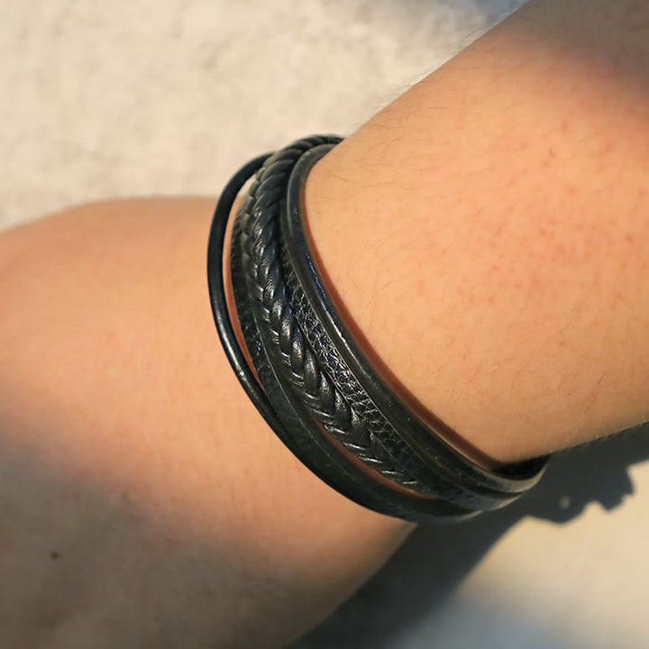 Bracciale in pelle con perline di onice nero e roccia lavica naturale Buddha Stones