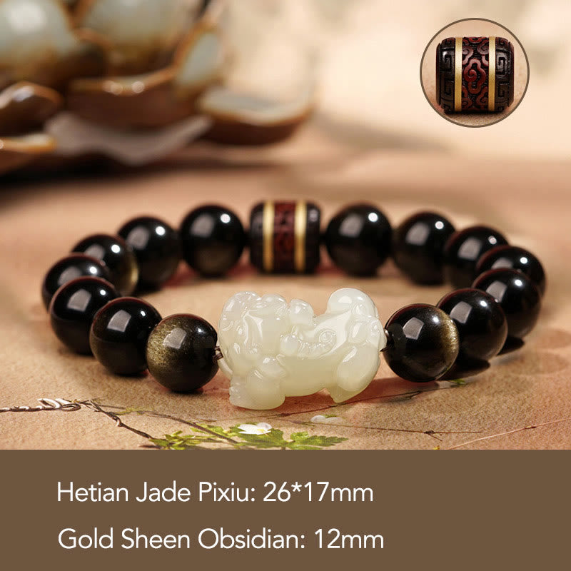 Buddha Stones Oro Naturale Lucentezza Ossidiana Giada Ciano Hetian Giada Bianca Bracciale PiXiu Ricchezza