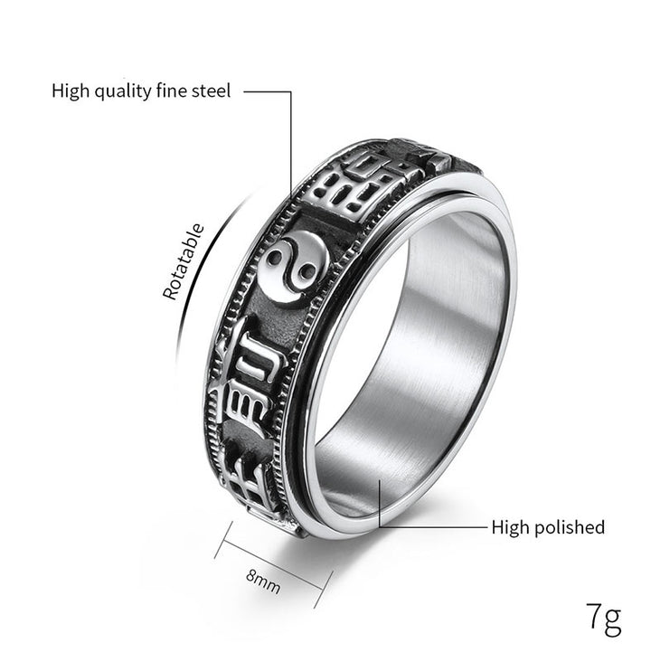 Anello girevole in acciaio al titanio con parole in equilibrio e calma